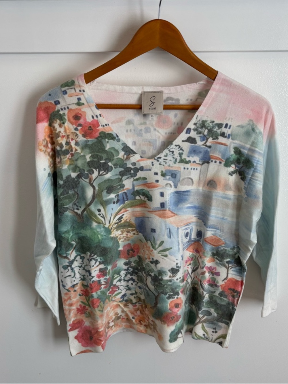 Sioni Pastel Scenic Mediterranean Watercolor V-Neck Floral 3/4 Sleeve Sweater XL
